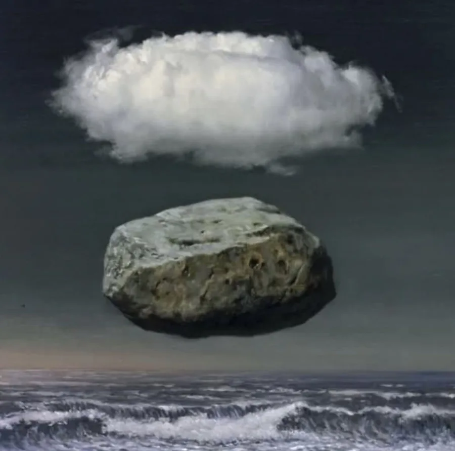 Les idées claires by René Magritte, a stone floating beneath a cloud above the sea