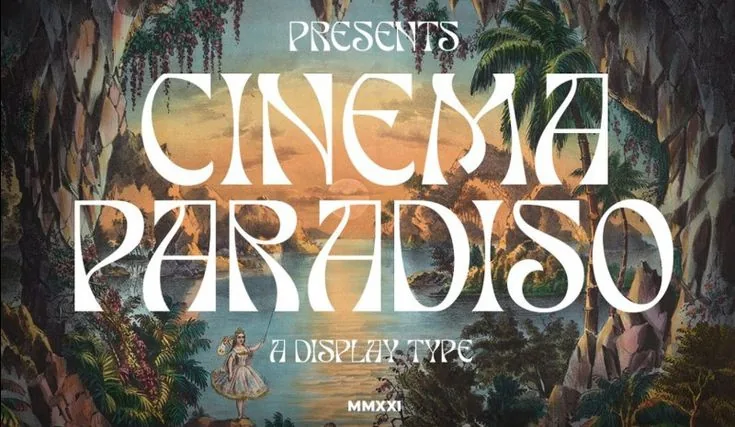 Cinema Paradiso display typeface specimen, an ornate arched wordmark over a tropical illustration