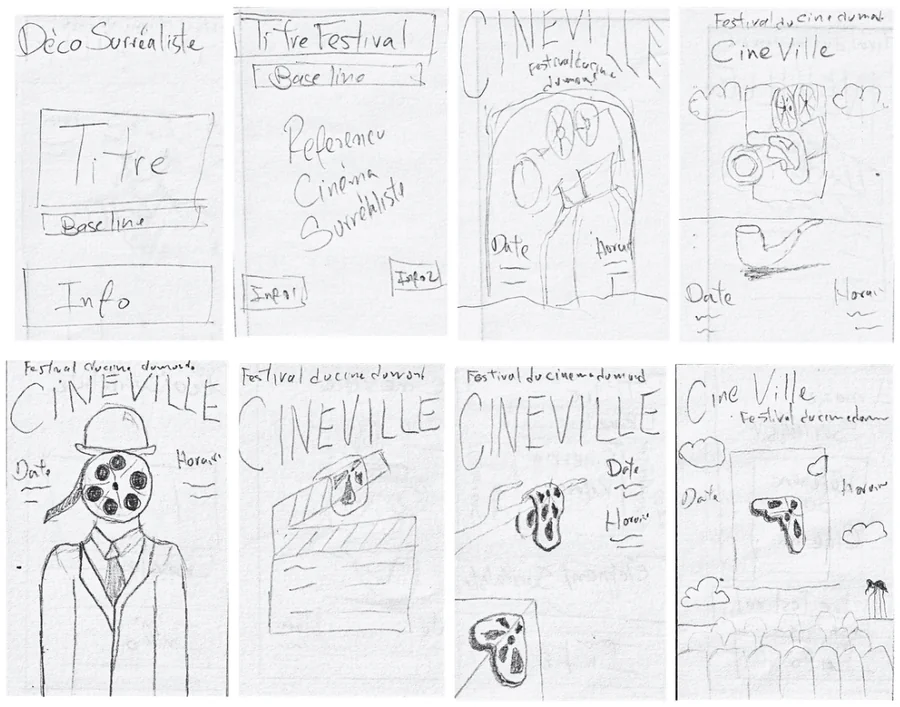 Eight rougher sketches, including a figure with a film reel for a head wearing a bowler hat, and early clapperboard and film-strip motifs
