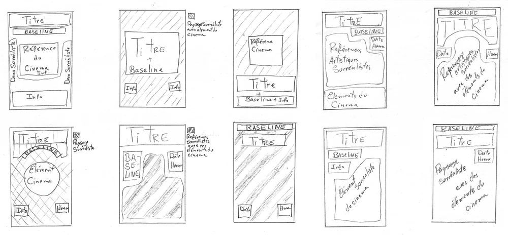 Ten thumbnail layout sketches exploring where the title, baseline, date and central artwork could sit on the poster