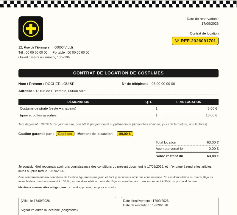 Generated rental contract sheet showing two line items, the tiered daily rate applied automatically, and a calculated total