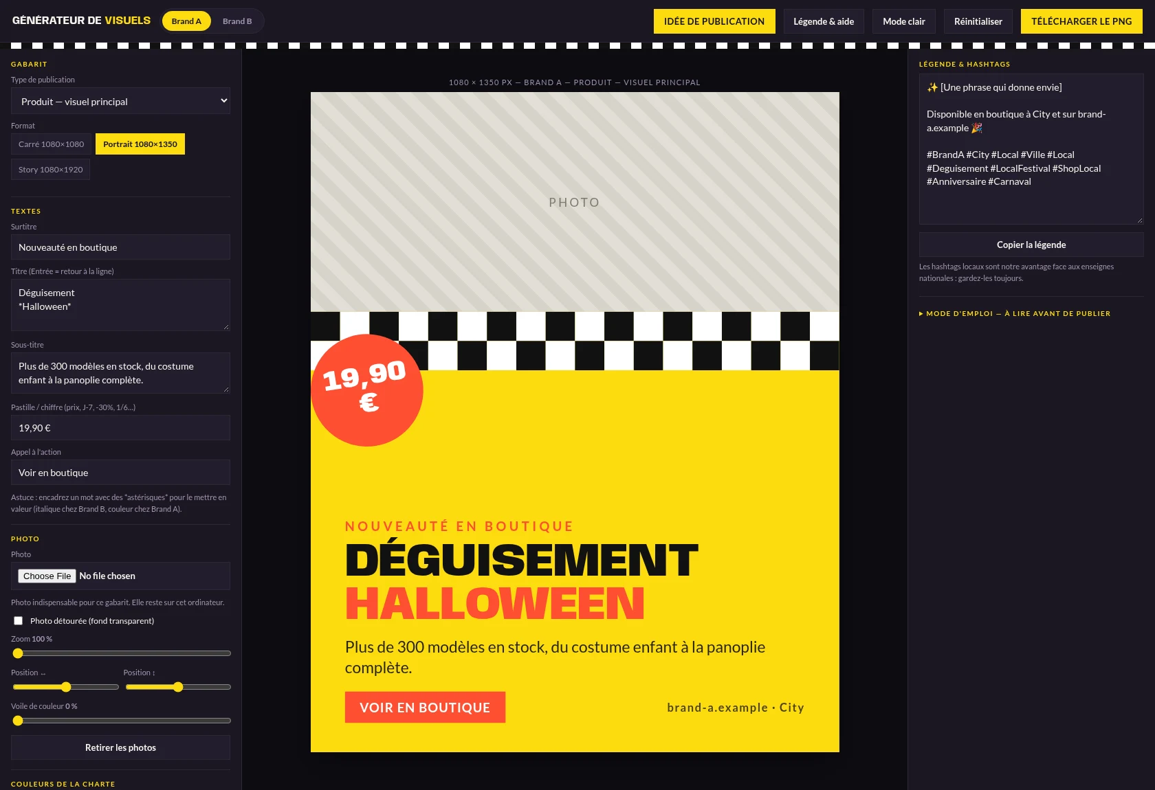 Screenshot of the social post generator interface, showing the template editor and a finished Halloween promotion post
