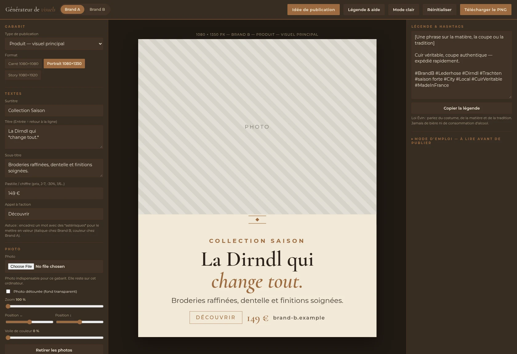 Brand B mode: same tool switched to a dark, serif, premium identity