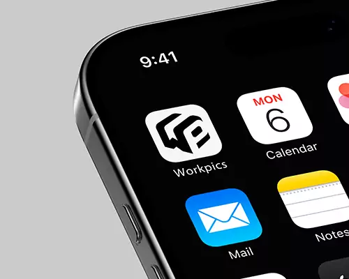 phone showing the workpics logo app